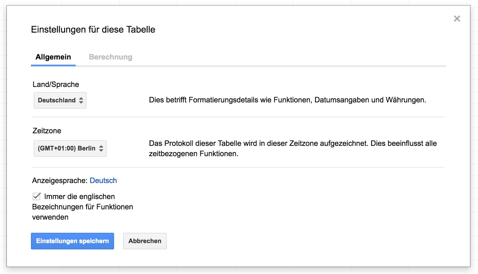 Google Tabellen Sprache Formatierungsdetails