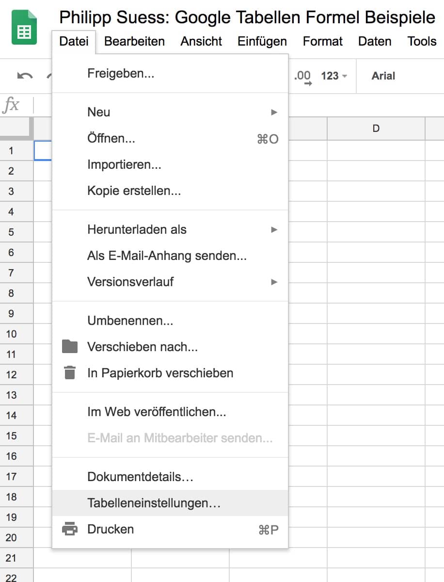Google Tabelleneinstellungen Sprache ändern